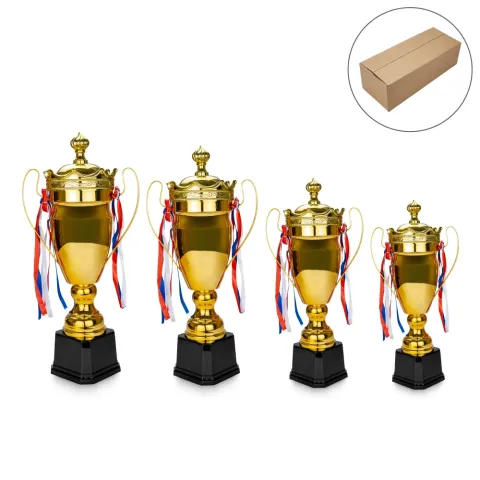 Metal Close Cup Trophies with Two-Sided Handle & Attached Ribbons