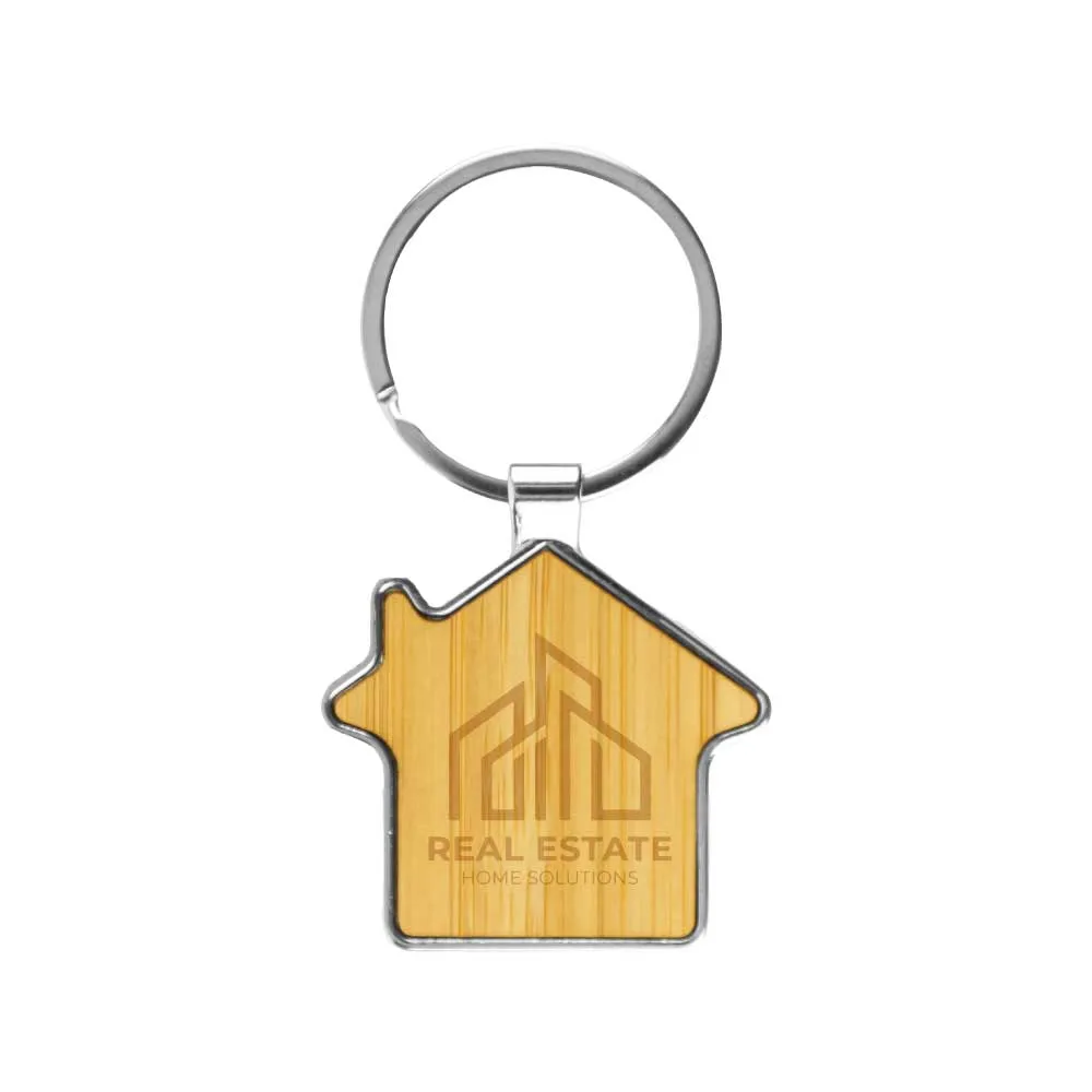 Bamboo & Metal Keychain House Shaped