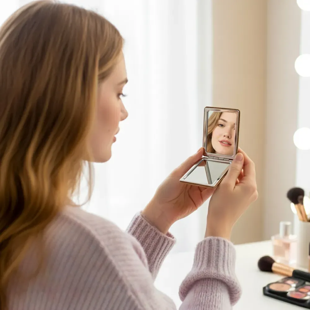 Rectangle Pocket Mirror, Double-Sided Foldable with Cork Finish Cover