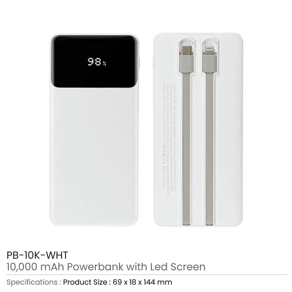 Powerbank with LED Screen 10,000 mAh & Built-in Cables