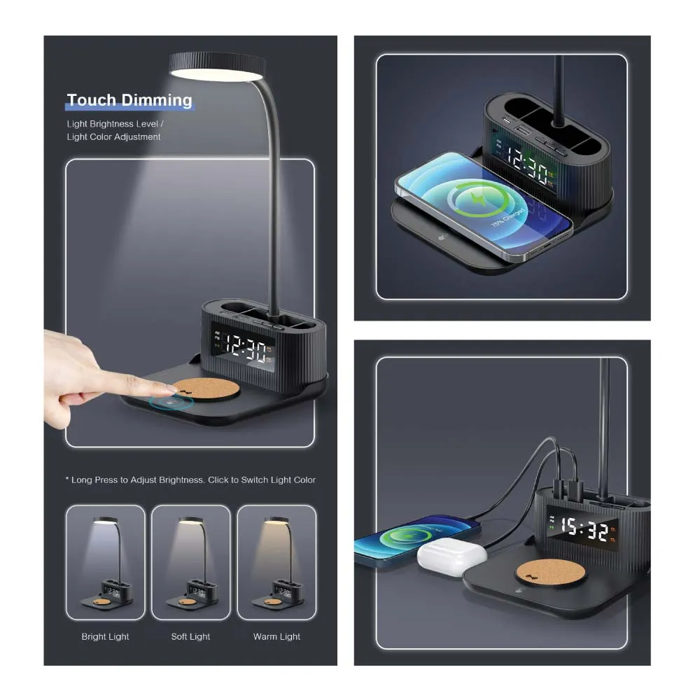 Desk Lamp with 15W Wireless Charger, Clock and Pen Holder