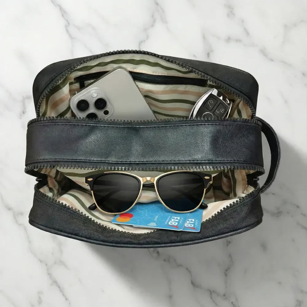 Twill Fabric Utility Pouch with PU Handle and 2 Main Zipper Compartments