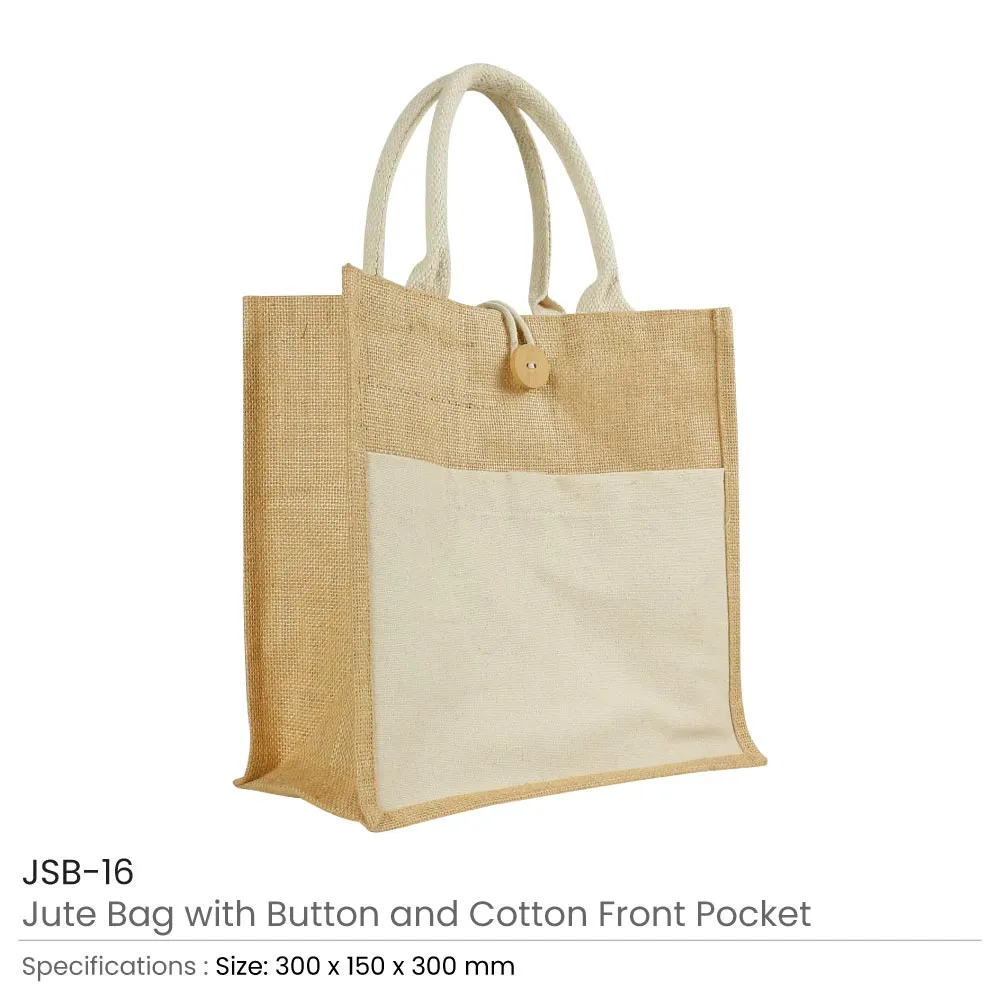 Eco-Friendly Jute Bags with Front Cotton Pocket & Button Closure