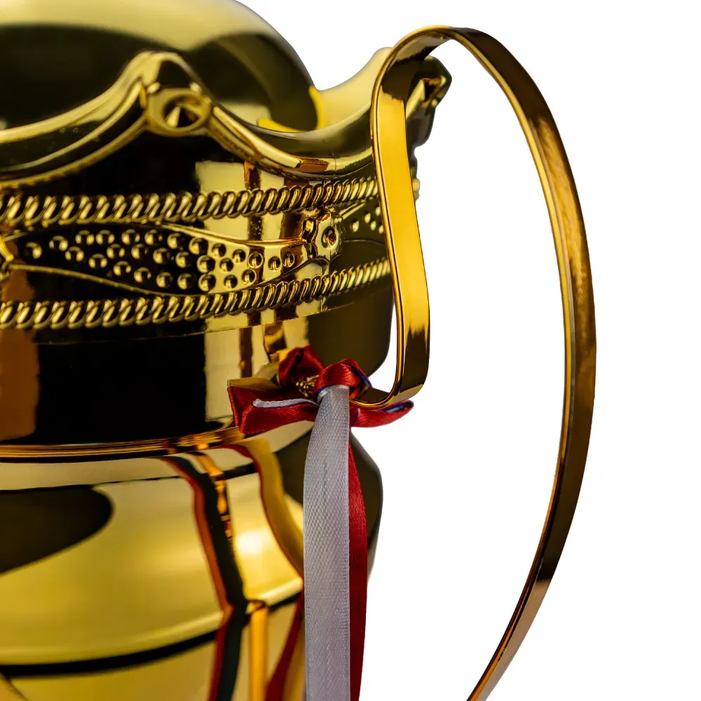 Metal Close Cup Trophies with Two-Sided Handle & Attached Ribbons