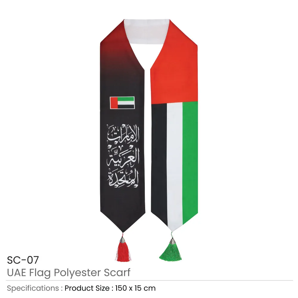UAE Flag Scarf with Arabic Writing, Red & Green Tassel
