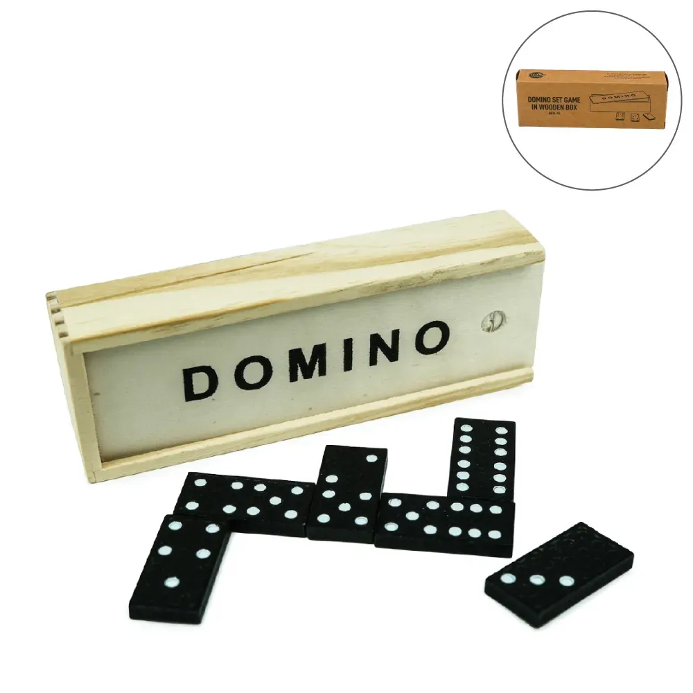 Domino Set Game in Wooden Slide Box – 28 Black Wooden Pieces