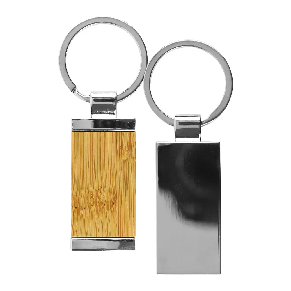 Rectangular Bamboo & Metal Keychains
