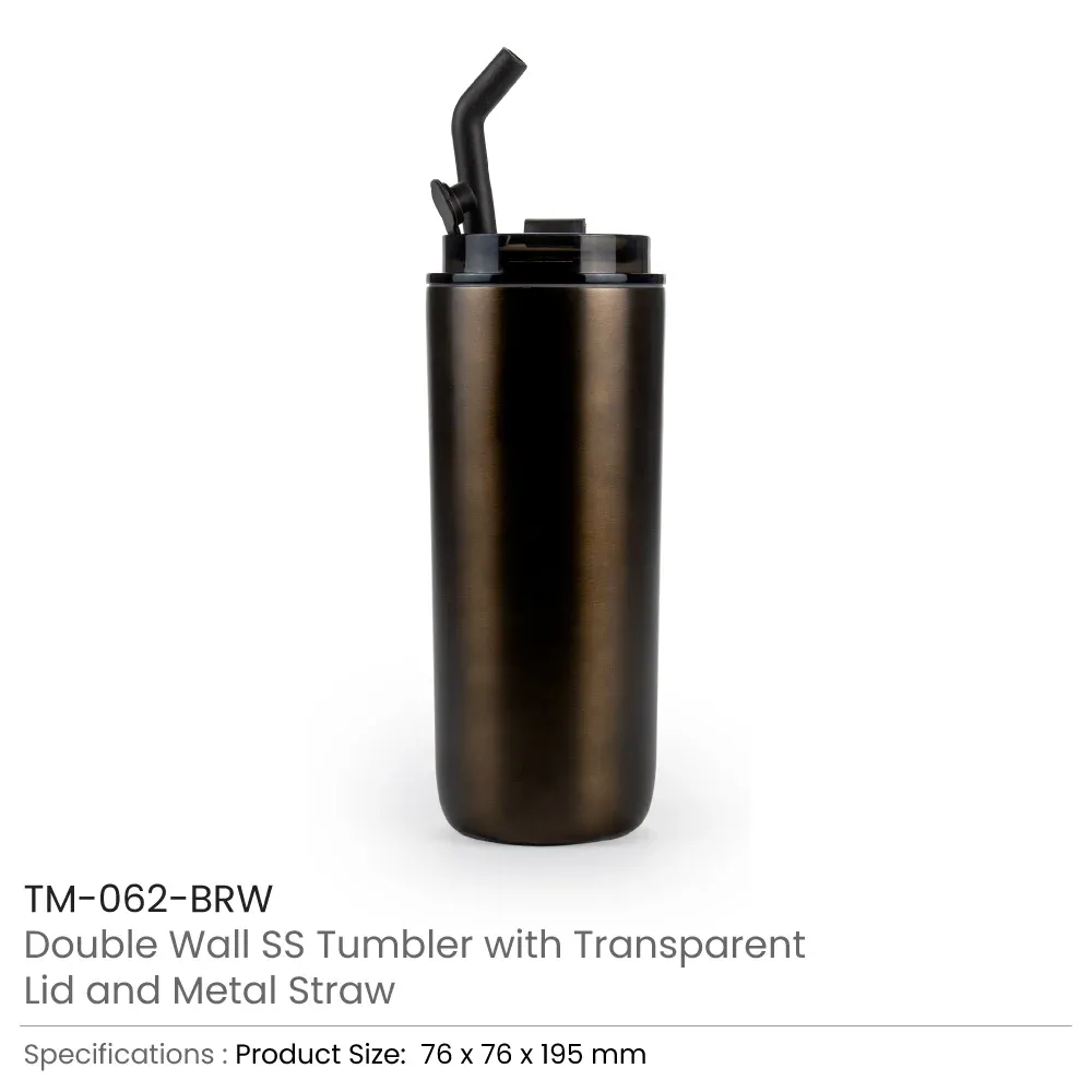 Double Wall SS Tumblers with Transparent Lid and Metal Straw - 500ml