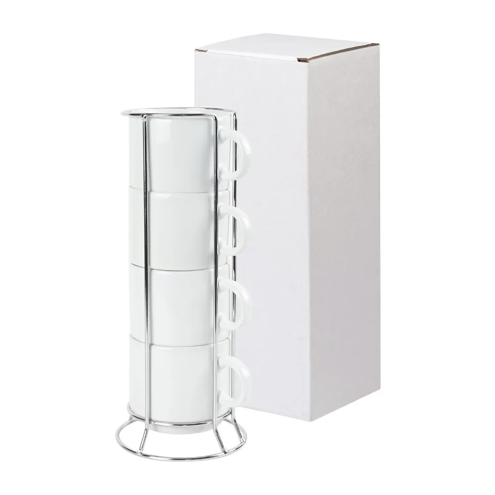 Ceramic Coffee Cups Set 4Pcs in Silver Metal Rack