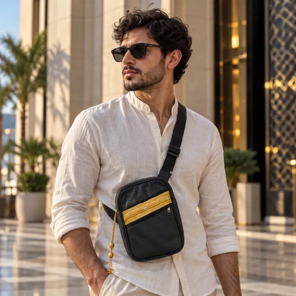 Crossbody Bag in PU Leather with Arabic Traditional Gold Bisht Design