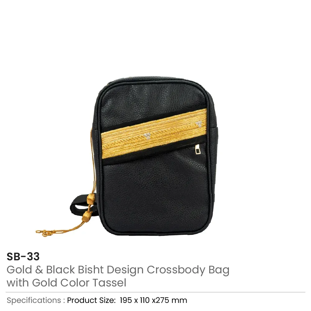 Crossbody Bag in PU Leather with Arabic Traditional Gold Bisht Design