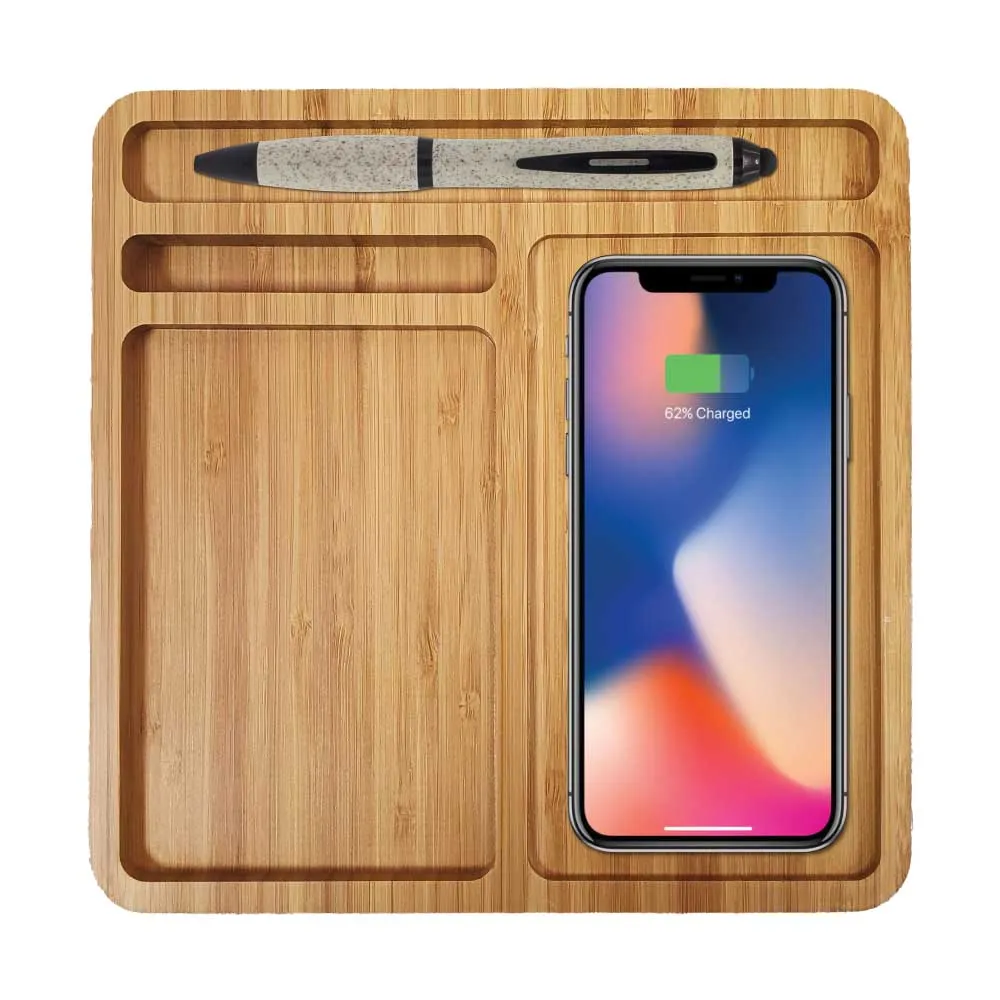 Bamboo 15W Wireless Desk Fast Charging Pad and Organizer