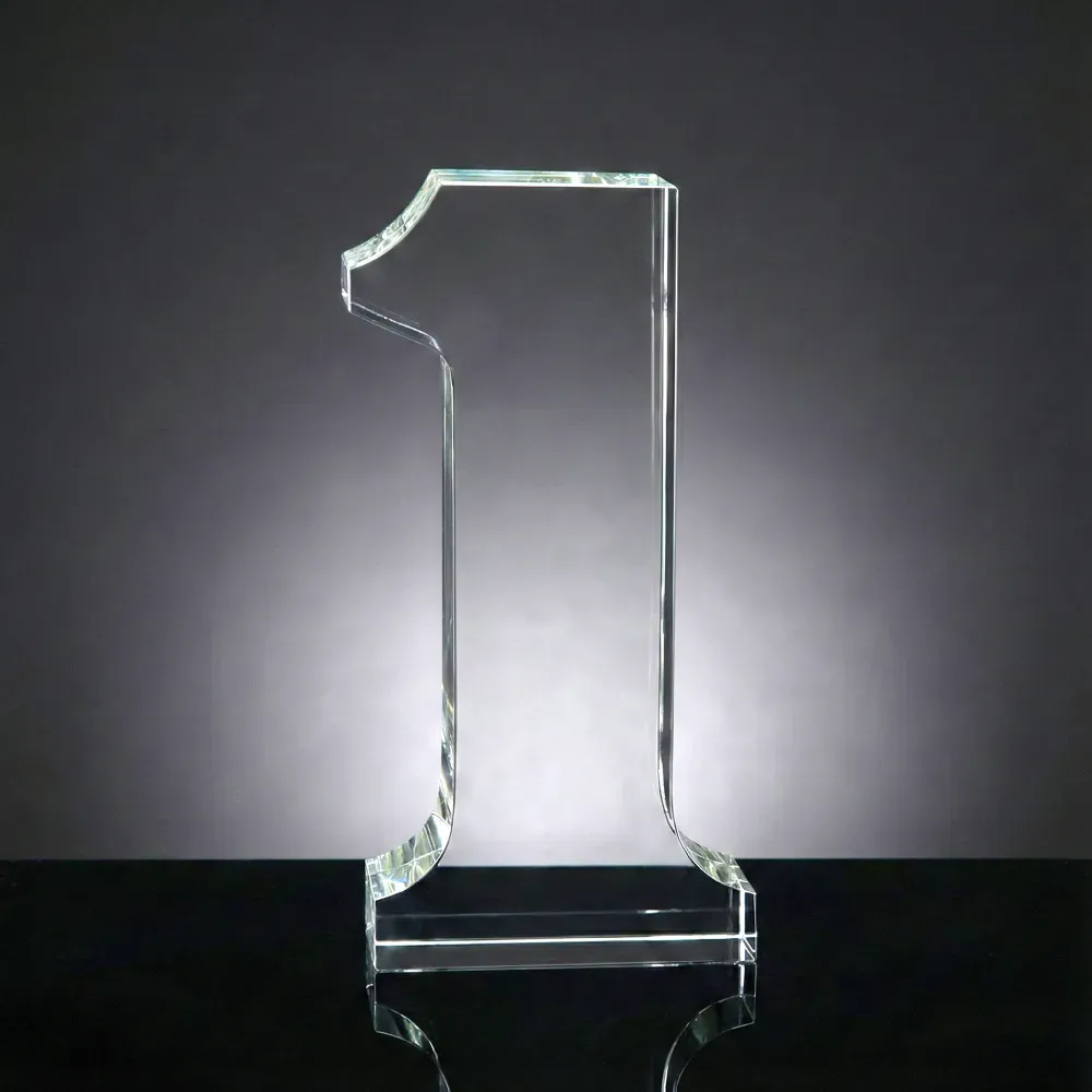 Crystal Glass Trophy in Number One Shape with Gold Lock Closure Box