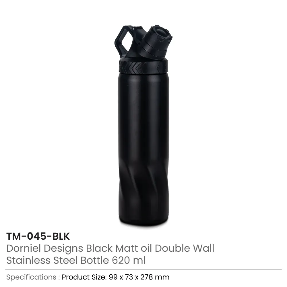 Stainless Steel Water Bottles in Black Matte, Double Wall, 620ml