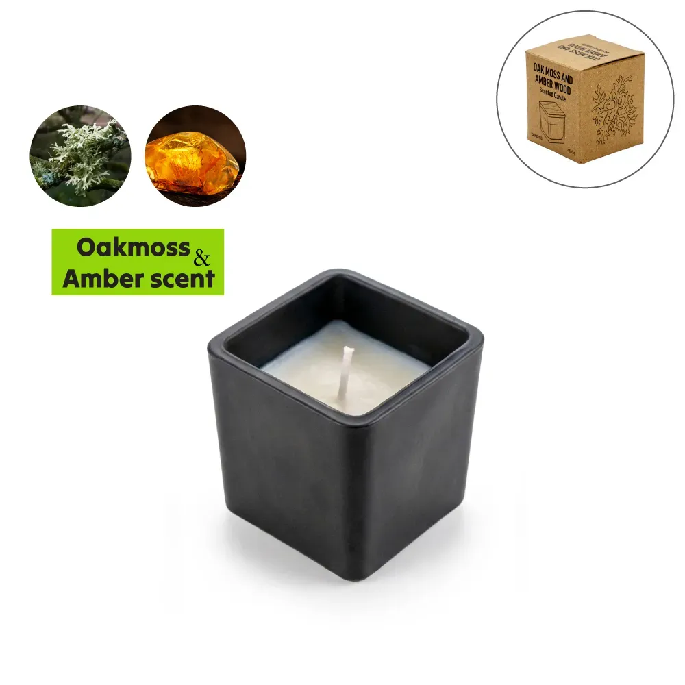 Scented Candle in Square Glass Bottle with Bamboo Lid, Oakmoss & Amber Scent