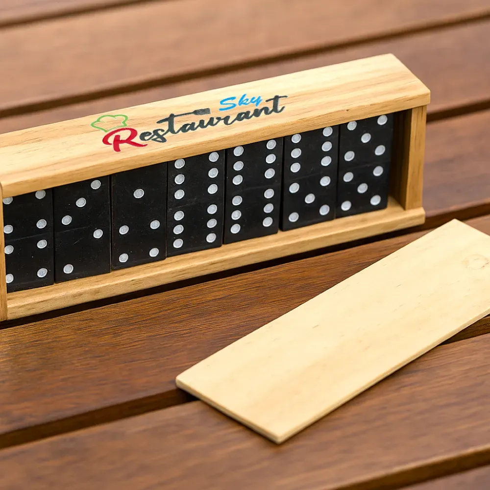 Domino Set Game in Wooden Slide Box – 28 Black Wooden Pieces