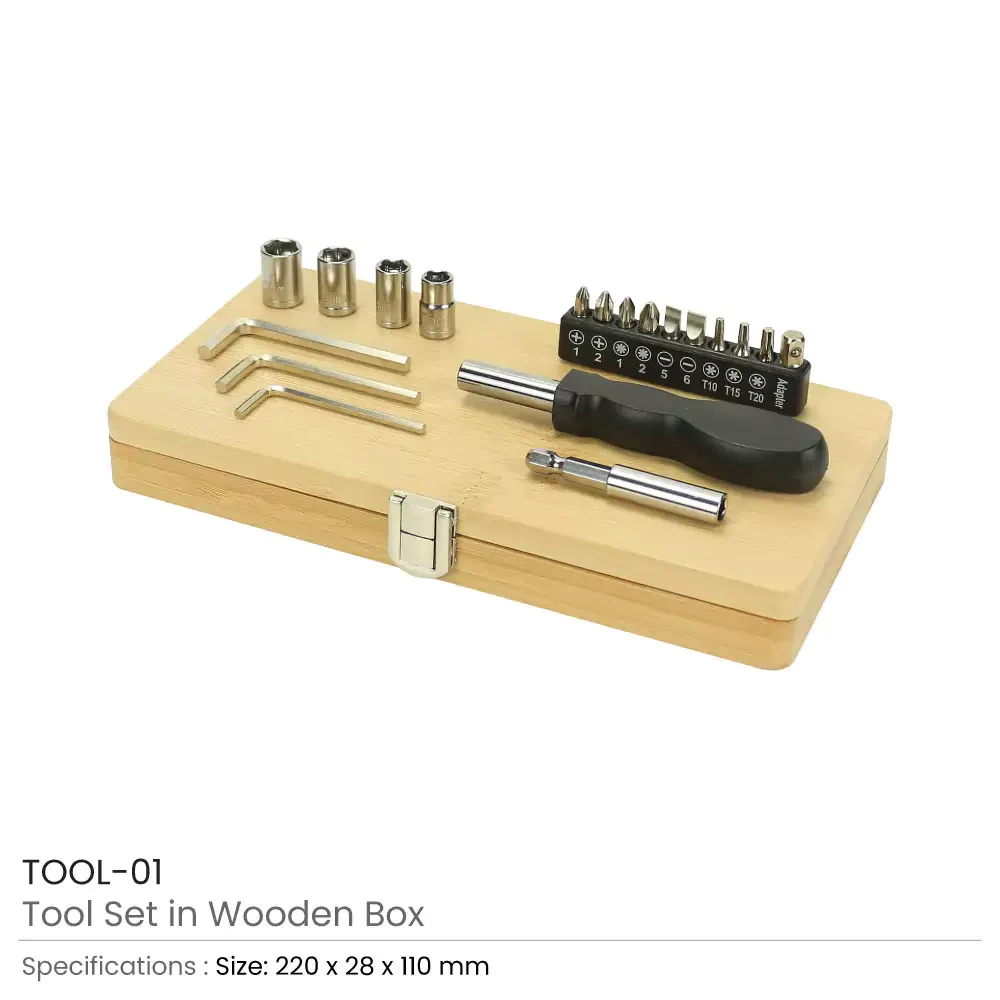 Tool Set in Bamboo Box with Silver Lock