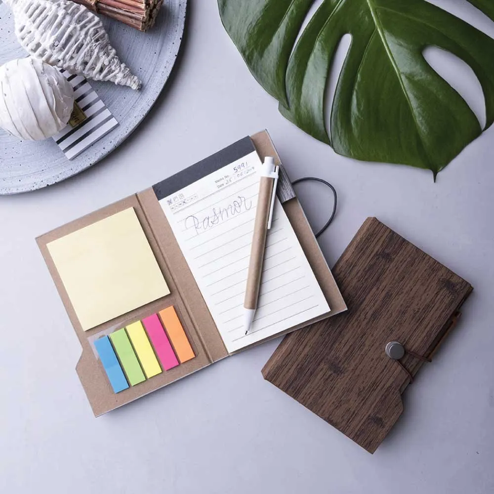 Wood Design Notebook with Sticky Note and Pen