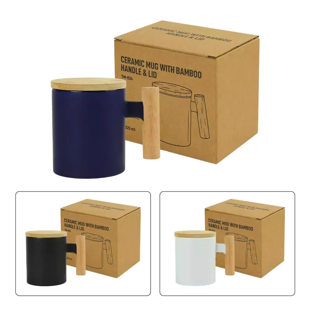 Ceramic Coffee Mugs with Bamboo Handle and Lid 380ml