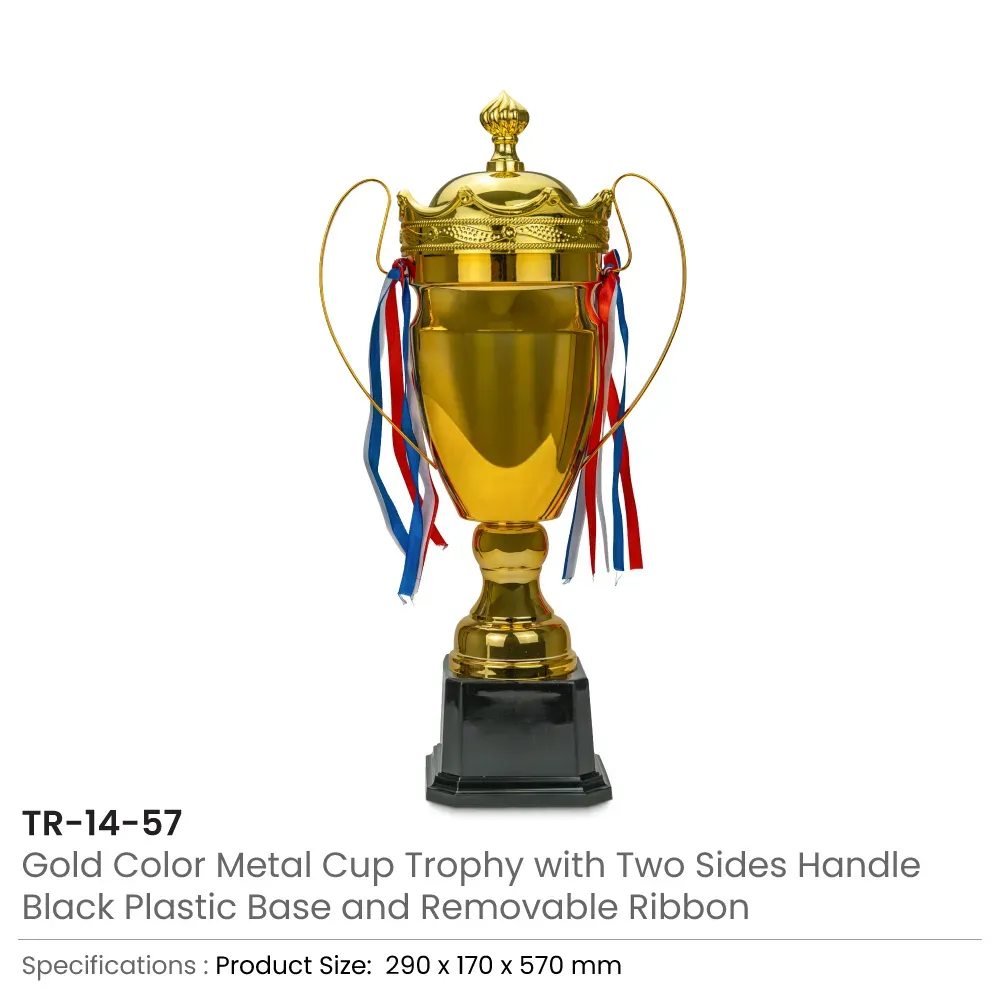 Metal Close Cup Trophies with Two-Sided Handle & Attached Ribbons