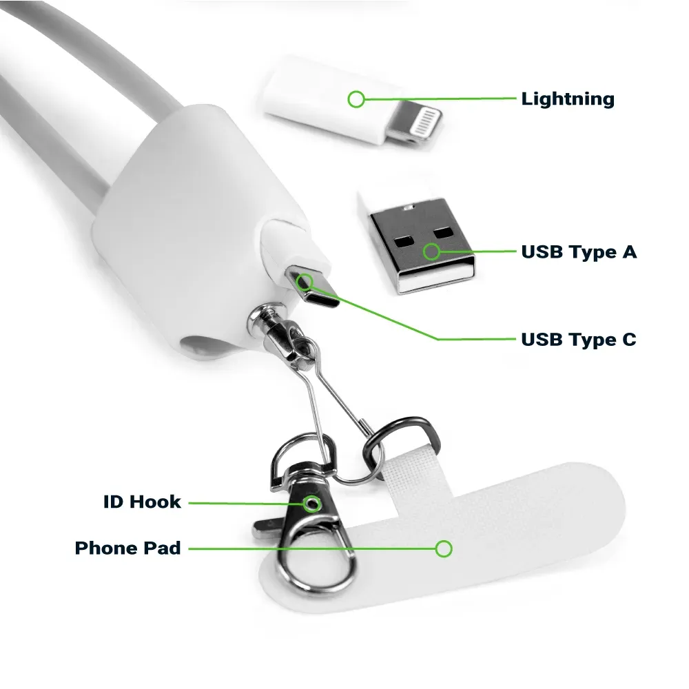 4 in 1 Lanyard Charging Cable 60W, 120cm Long with Hook for ID Card and Phone Pad