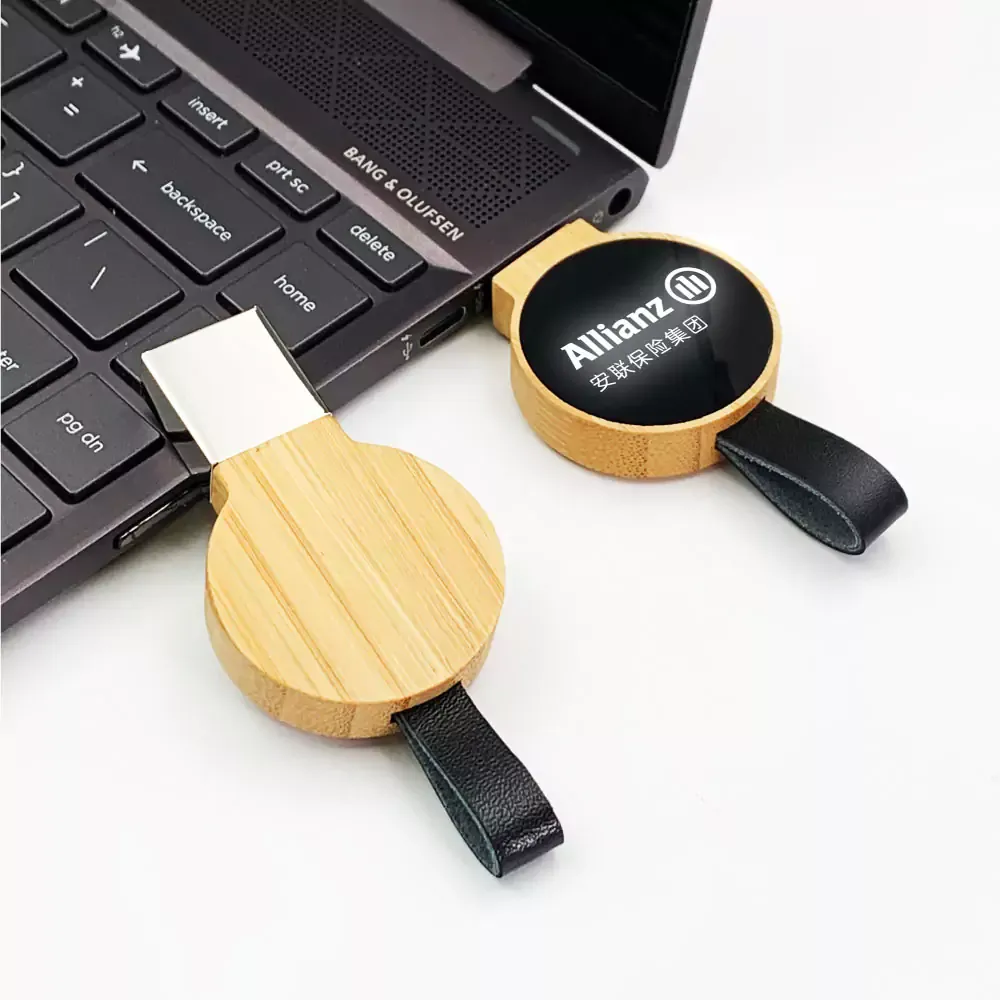 Bamboo Round LED Logo USB with Strap 64GB V. 3.0