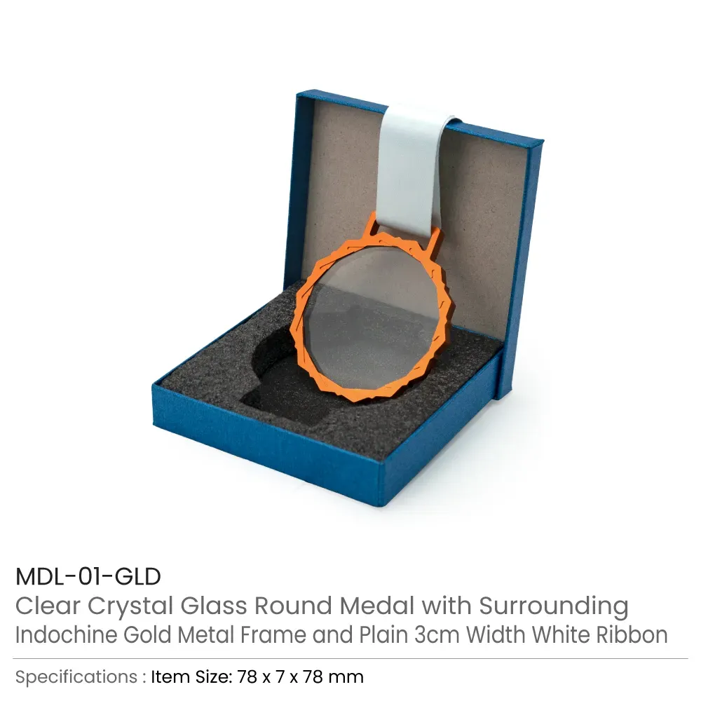 Glass Medals with Metal Frame and 3cm White Ribbon