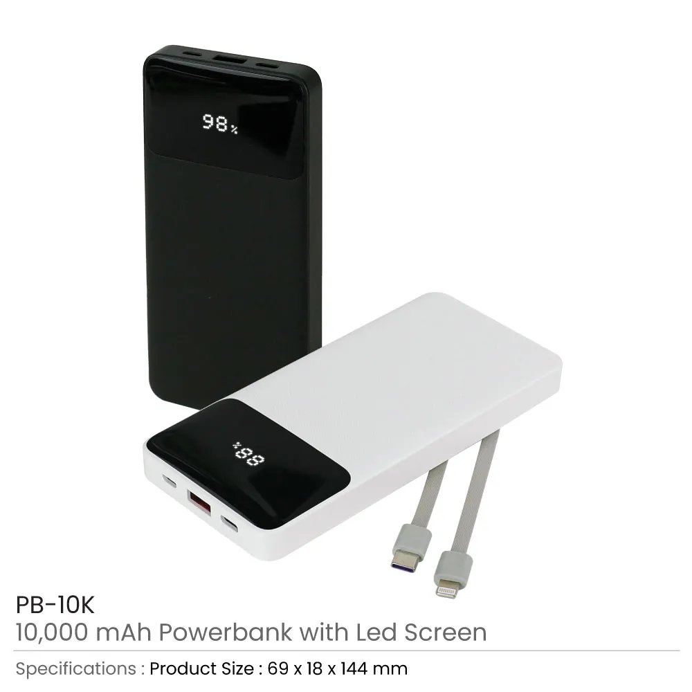 Powerbank with LED Screen 10,000 mAh & Built-in Cables