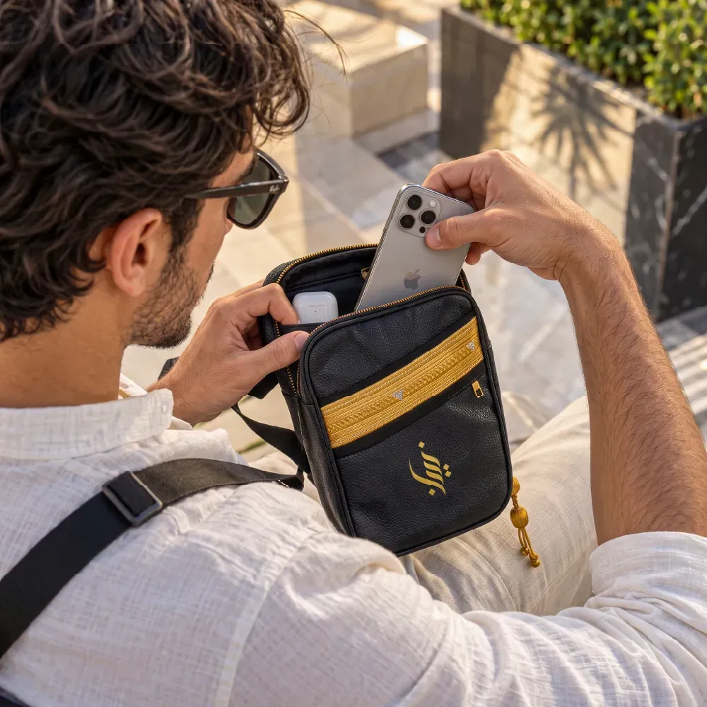 Crossbody Bag in PU Leather with Arabic Traditional Gold Bisht Design