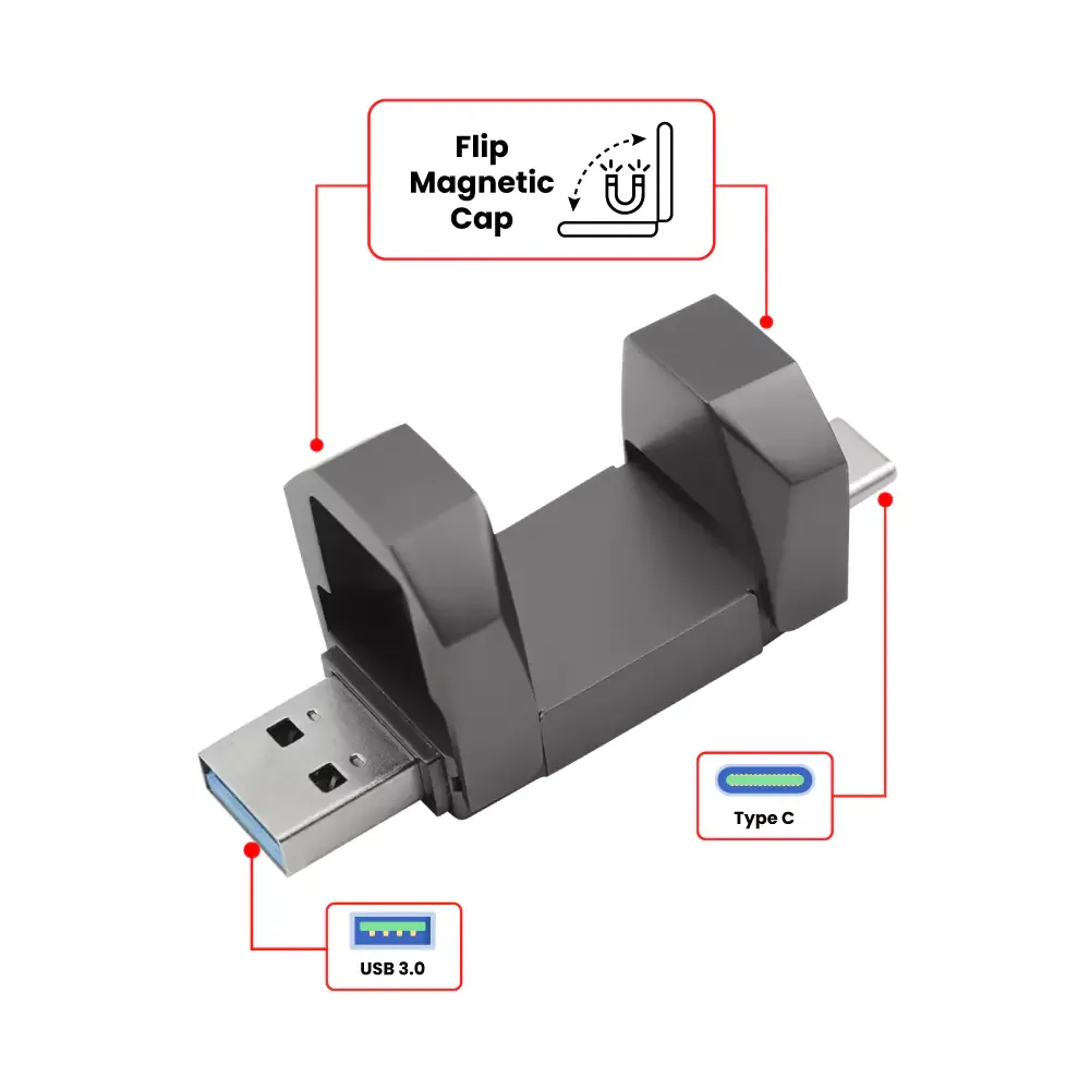 OTG USB Flip in Gun Metal 32GB V. 3.0 Type C Flip Magnetic Cap