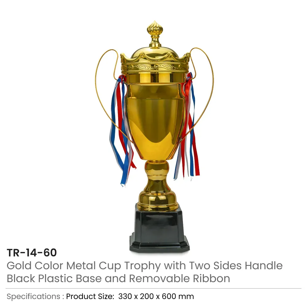 Metal Close Cup Trophies with Two-Sided Handle & Attached Ribbons