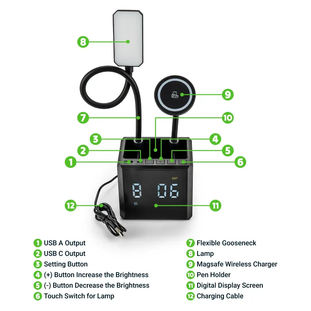 Multi-functional Desk Lamp with Wireless Charger and Clock