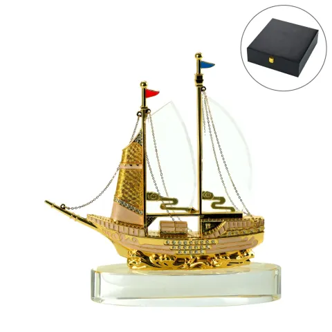Golden Boat-Shaped Memento in Metal with Glass Base
