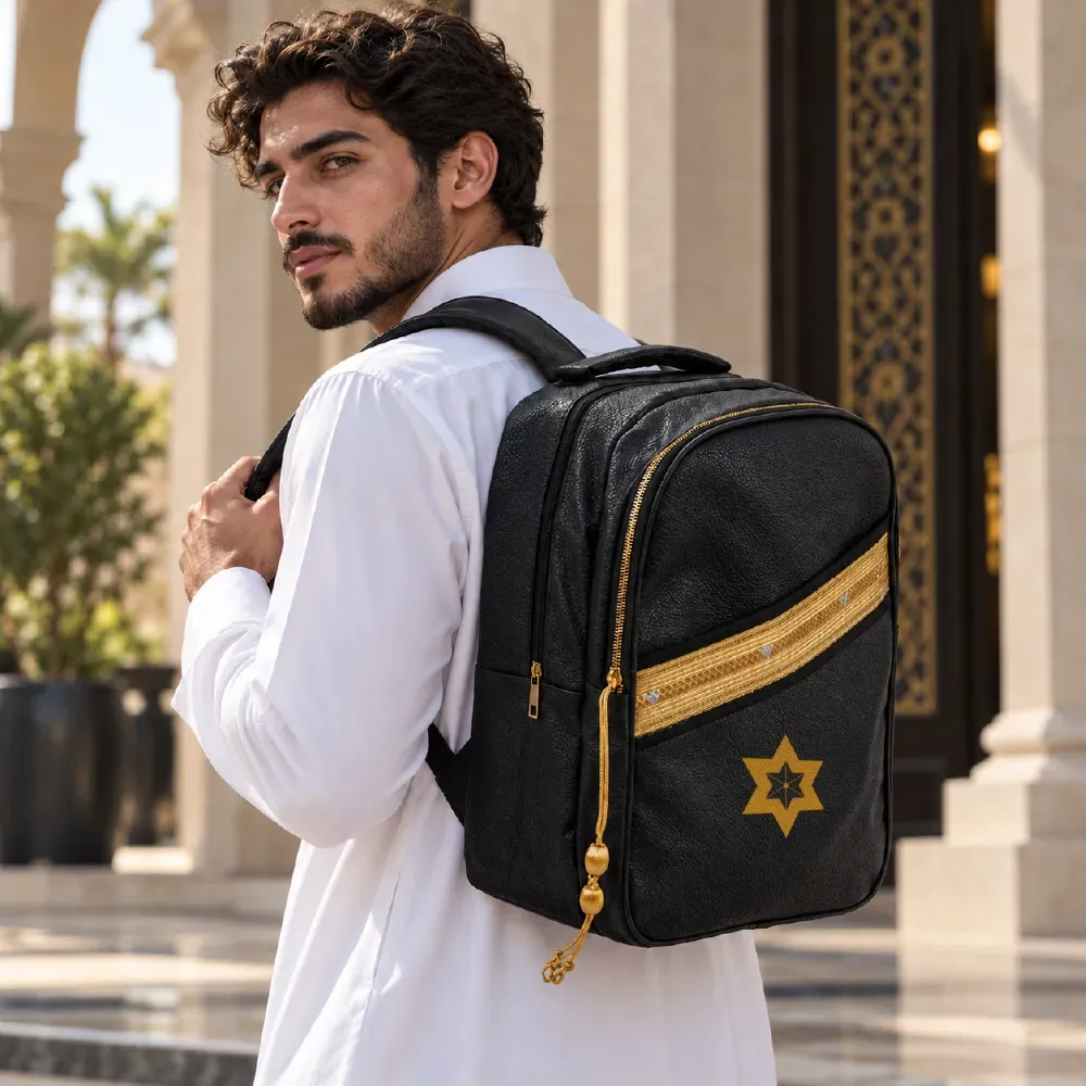 Backpack in PU Leather with Arabic Traditional Gold Bisht Design