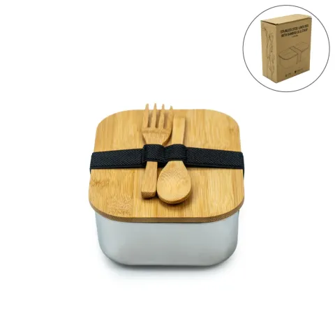Stainless Steel Lunch Box with Bamboo Lid & Strap
