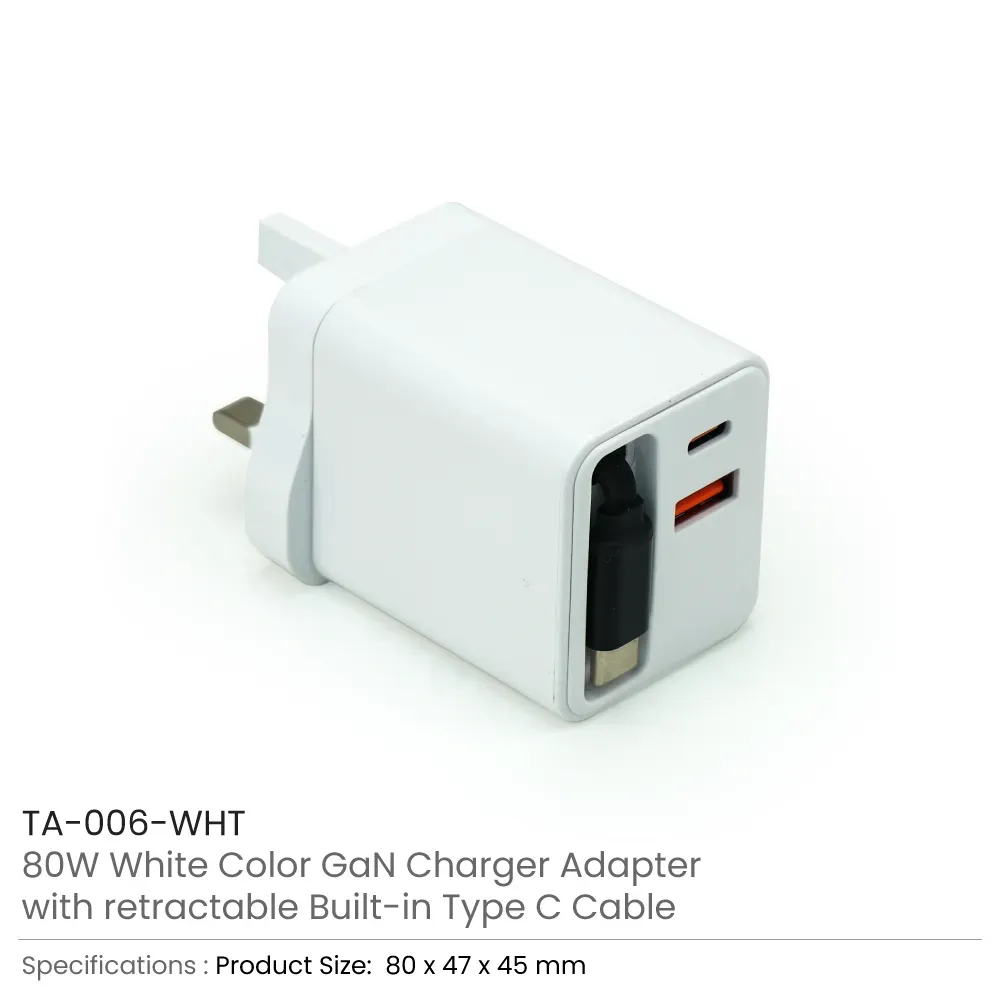 80W GaN Fast Charger Adaptor with Retractable Built-in Type-C Cable