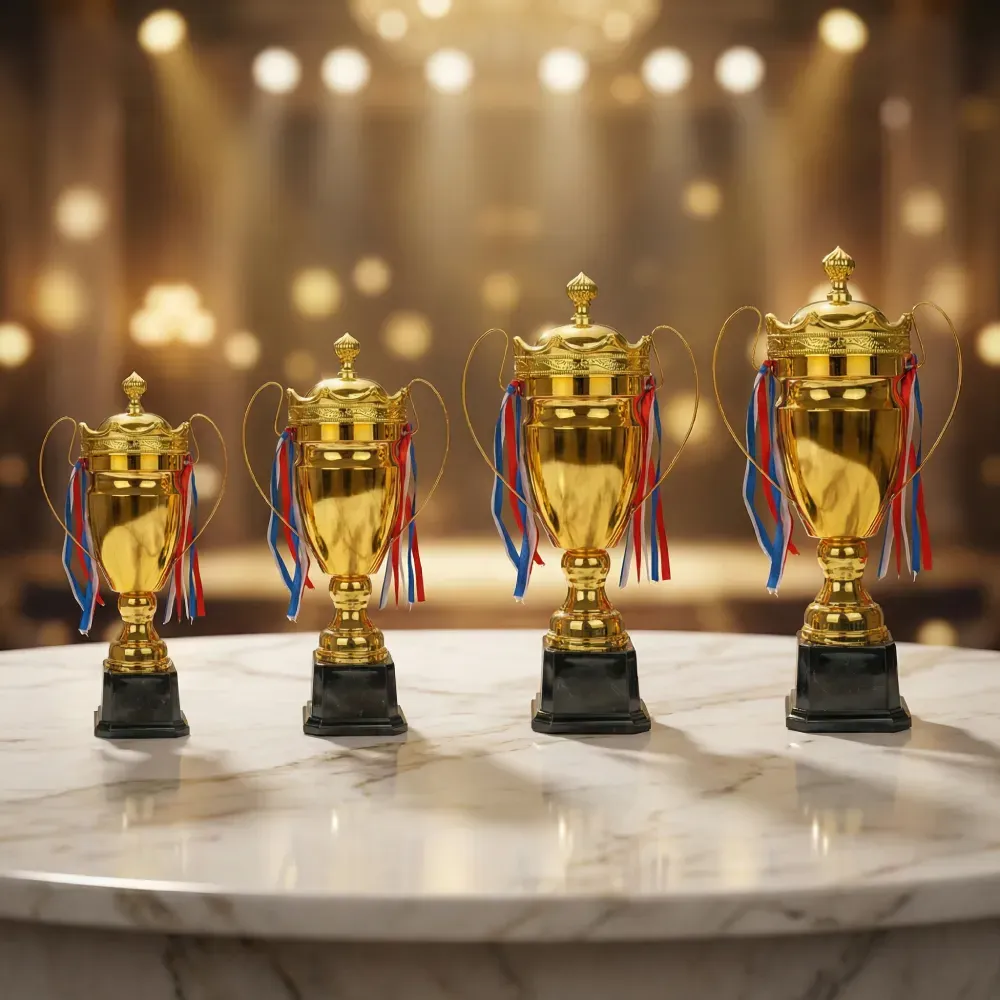 Metal Close Cup Trophies with Two-Sided Handle & Attached Ribbons