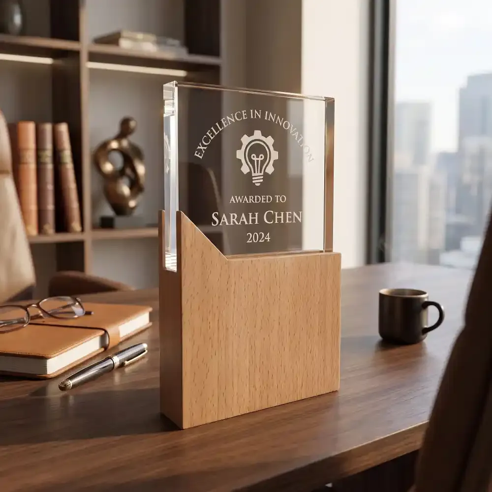 Rectangle Shaped Wood and Crystal Awards with Box