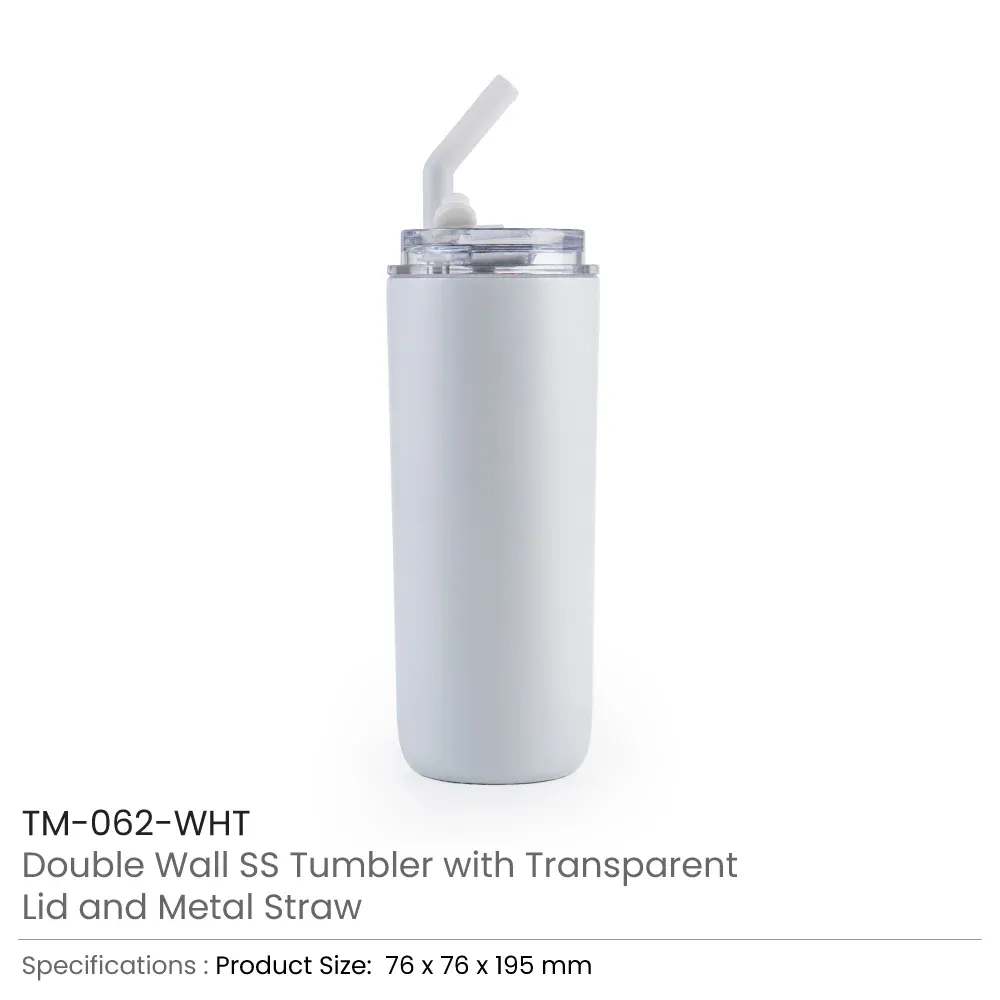Double Wall SS Tumblers with Transparent Lid and Metal Straw - 500ml