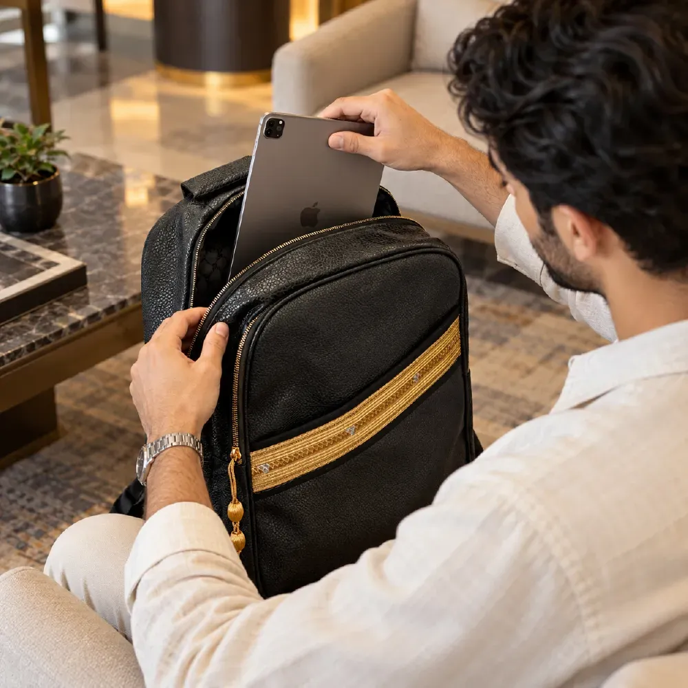 Backpack in PU Leather with Arabic Traditional Gold Bisht Design