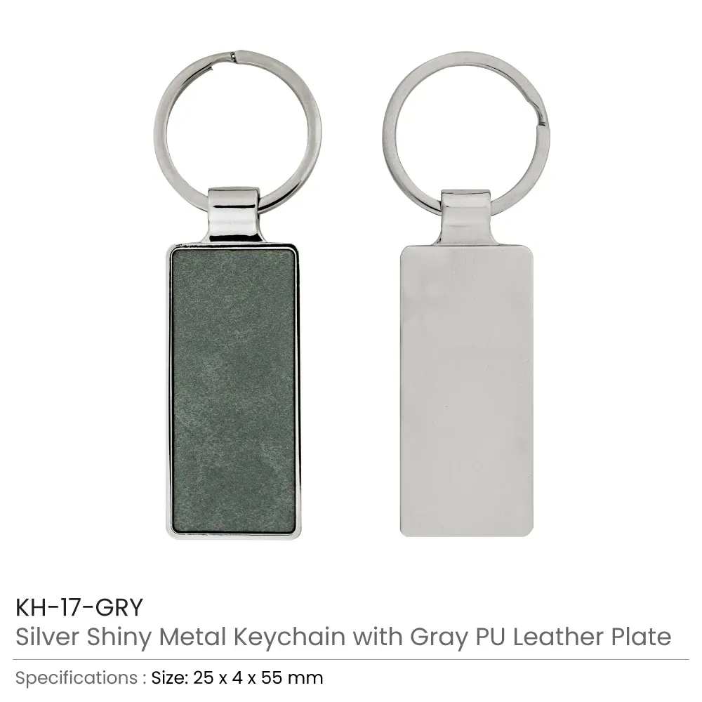 Silver Shiny Metal Keychains with Laserable PU Leather Plate