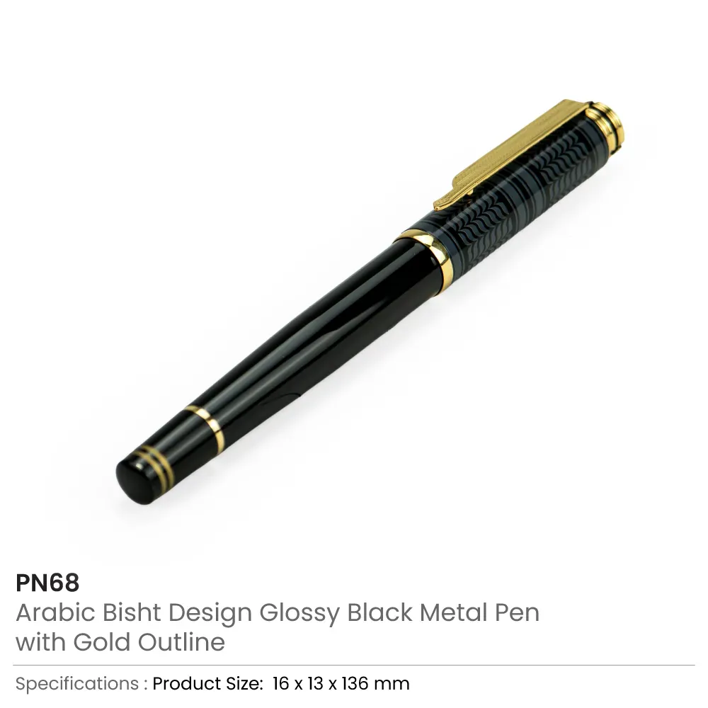 Arabic Traditional Bisht Design Metal Pens, Glossy Black with Gold Outline