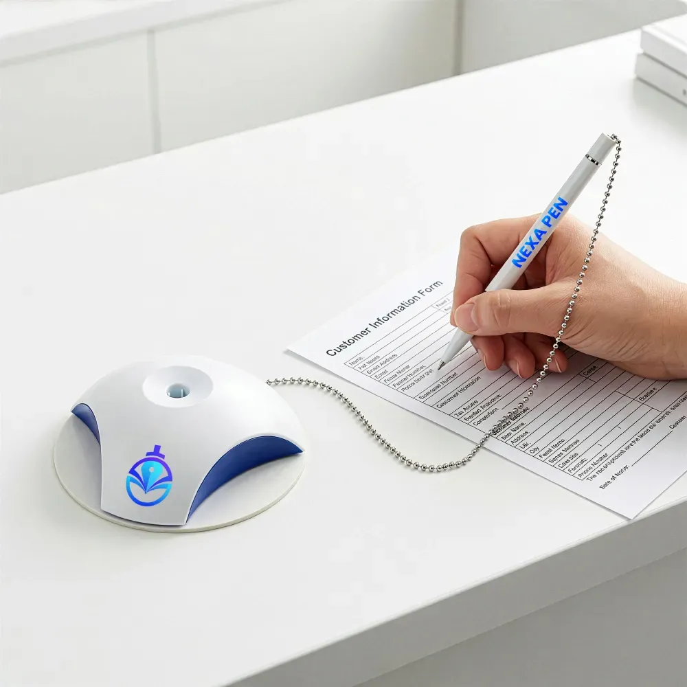 Counter Pen with Base Holder and Secured Chain – Blue Ink