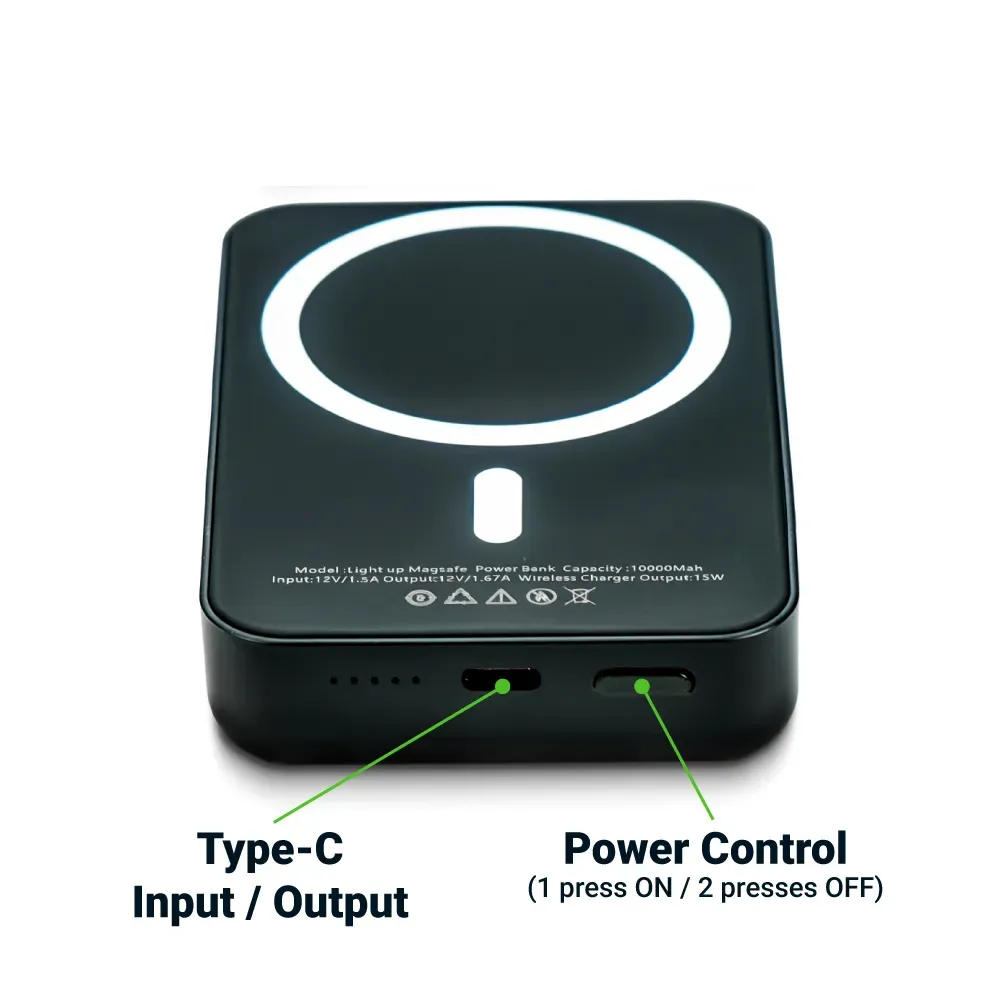 MagSafe Wireless Powerbank with Light-Up Logo, 15W Fast Charging, 10K mAh