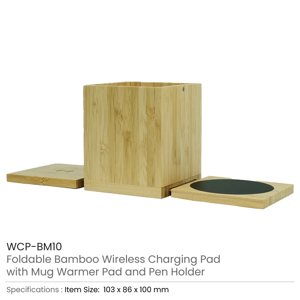Foldable Bamboo Fast Wireless Charging Pad 15W with Mug Warmer and Pen Holder